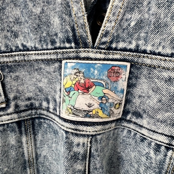 Vintage 90’s Acid Wash Front Pocket Cartoon Patch Seamed Straight Leg Jumpsuit - Picture 9 of 12